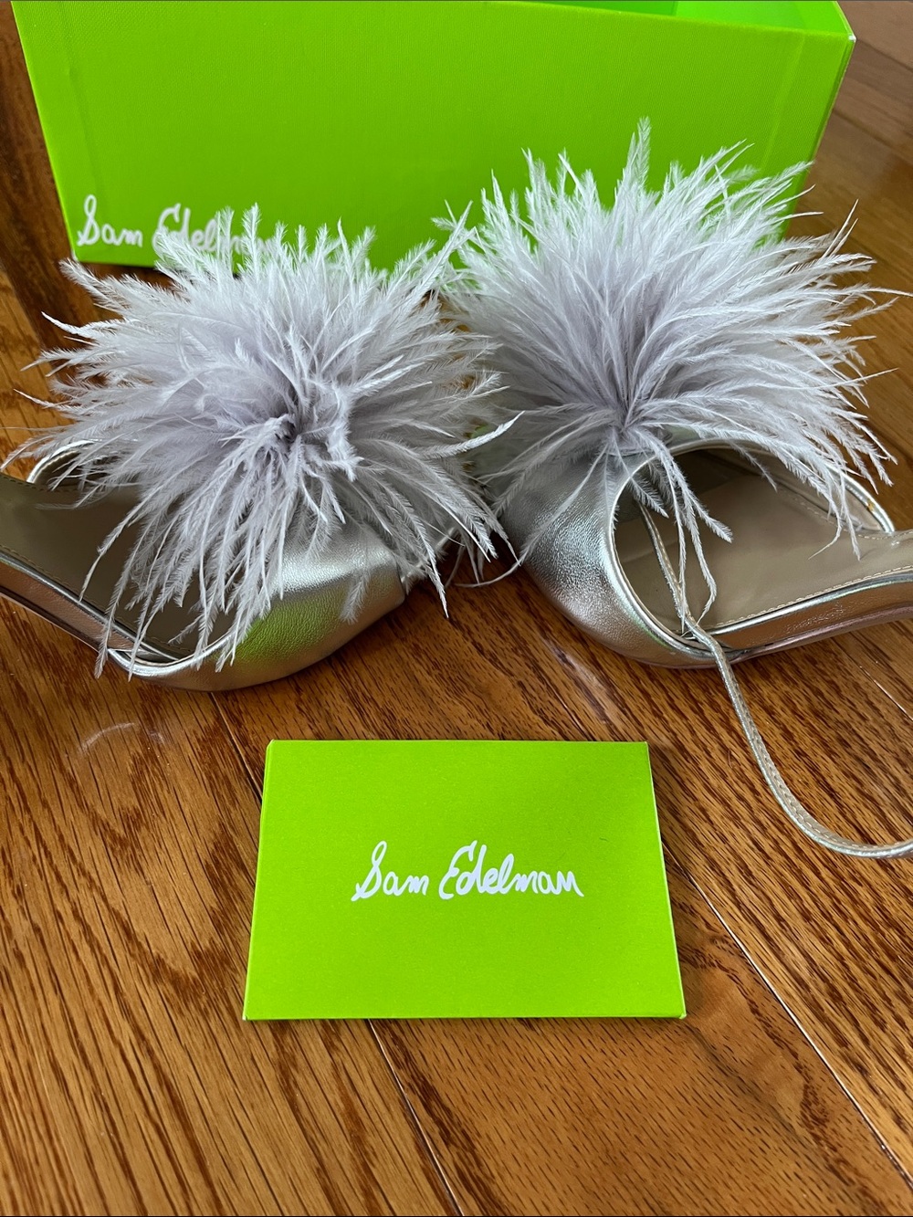 Sam Edelman Metallic Silver Feather Pom-Pom Slingback Heels - Picture 3 of 7